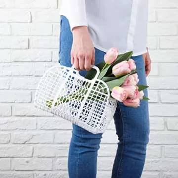 BABANA Jelly Bags - Reusable Gift Basket - Girls Beach Bag - Toddler, Kids Retro Jelly Purse - Halloween, Bridal Shower, Easter Basket (Small) - White