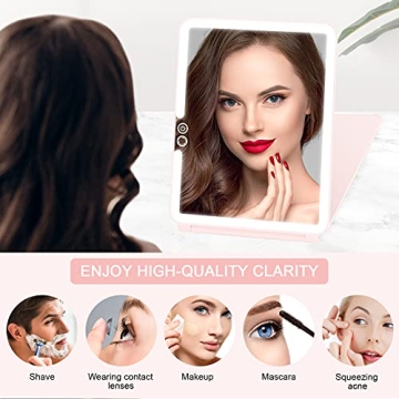 Deweisn Folding Travel Mirror 72 LEDs 3 Light Modes Pink