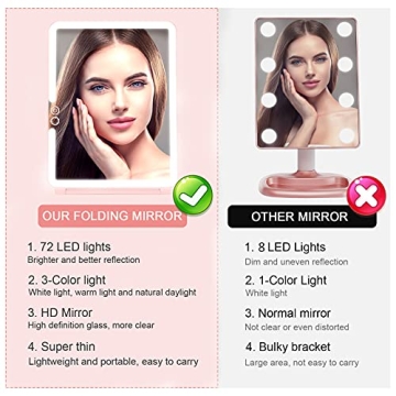 Deweisn Folding Travel Mirror 72 LEDs 3 Light Modes Pink