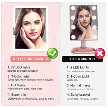 Deweisn Folding Travel Mirror 72 LEDs 3 Light Modes Pink