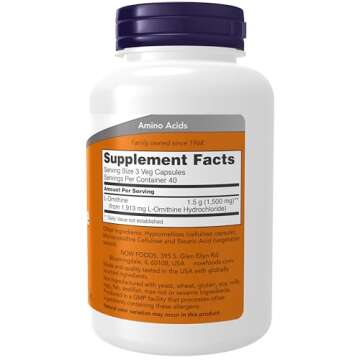 NOW Foods Supplements, L-Ornithine (L-Ornithine Hydrochloride) 500 mg, Amino Acid, 120 Veg Capsules