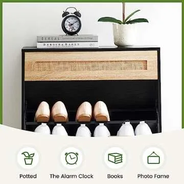 IDEALHOUSE Natural Rattan 2 Flip Door with 1 Drawer Shoe Cabinet Organizer Freestanding, Shoe Rack Storage Cabinet for Entryway with 3-Tier Adjustable Shelves for Slippers, Sneakers, Heels, Boots