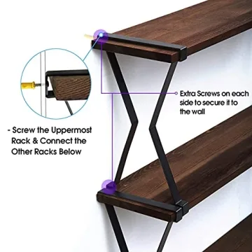 3 Tier Wood Floating Shelf with Zigzag Metal Brackets