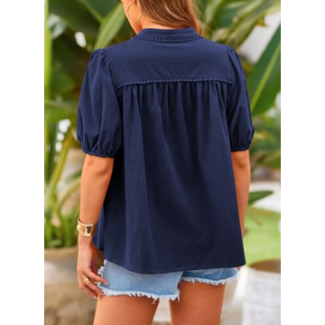 PRETTYGARDEN Women's Summer Button Down Shirts Short Lantern Sleeve V Neck Cotton Cute Dressy Casual Ladies Tops Blouses (Navy,Medium)