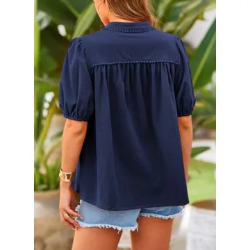 PRETTYGARDEN Women's Summer Button Down Shirts Short Lantern Sleeve V Neck Cotton Cute Dressy Casual Ladies Tops Blouses (Navy,Medium)