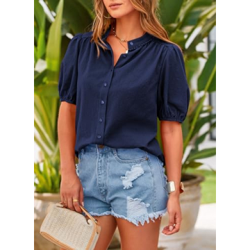 PRETTYGARDEN Women's Summer Button Down Shirts Short Lantern Sleeve V Neck Cotton Cute Dressy Casual Ladies Tops Blouses (Navy,Medium)