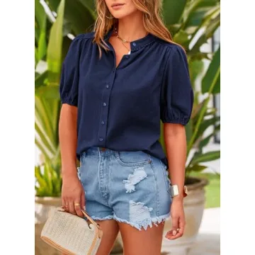 PRETTYGARDEN Women's Summer Button Down Shirts Short Lantern Sleeve V Neck Cotton Cute Dressy Casual Ladies Tops Blouses (Navy,Medium)