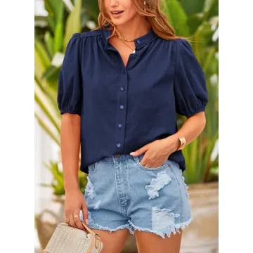 PRETTYGARDEN Women's Summer Button Down Shirts Short Lantern Sleeve V Neck Cotton Cute Dressy Casual Ladies Tops Blouses (Navy,Medium)