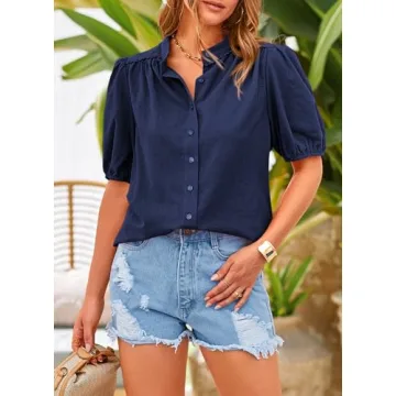 PRETTYGARDEN Women's Summer Button Down Shirts Short Lantern Sleeve V Neck Cotton Cute Dressy Casual Ladies Tops Blouses (Navy,Medium)
