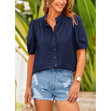 PRETTYGARDEN Women's Summer Button Down Shirts Short Lantern Sleeve V Neck Cotton Cute Dressy Casual Ladies Tops Blouses (Navy,Medium)