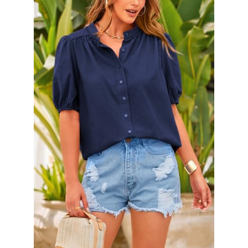 PRETTYGARDEN Women's Summer Button Down Shirts Short Lantern Sleeve V Neck Cotton Cute Dressy Casual Ladies Tops Blouses (Navy,Medium)