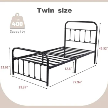 Elegant Metal Twin Bed Frame with Vintage Headboard
