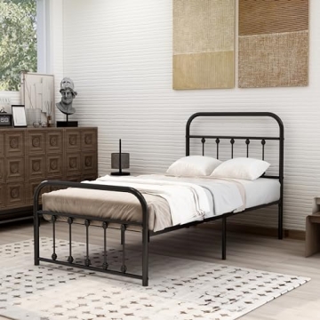 Elegant Metal Twin Bed Frame with Vintage Headboard