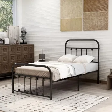Elegant Metal Twin Bed Frame with Vintage Headboard