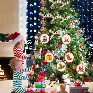 Natural Wood Slices 32 Pcs 2.4-2.8 Inches Unfinished Predrilled Blank Craft Wood Kit with Pre-drilled Hole Wooden Circles for Crafts Christmas Ornaments DIY Arts Wedding Party Decorations Gifts