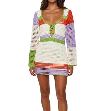 Fabumily Women Crochet Knit Mini Dress Long Sleeve Colorful Mesh Cover Ups Casual Sweater Dress Summ...