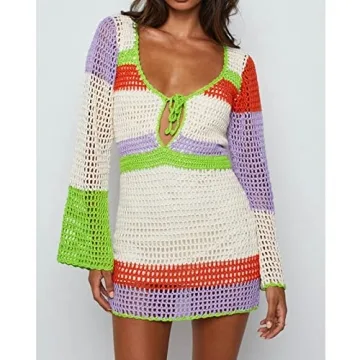 Fabumily Women Crochet Knit Mini Dress Long Sleeve Colorful Mesh Cover Ups Casual Sweater Dress Summer Beach Wear (B- White, XL)
