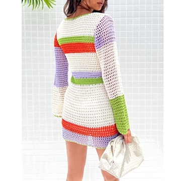 Fabumily Women Crochet Knit Mini Dress Long Sleeve Colorful Mesh Cover Ups Casual Sweater Dress Summer Beach Wear (B- White, XL)