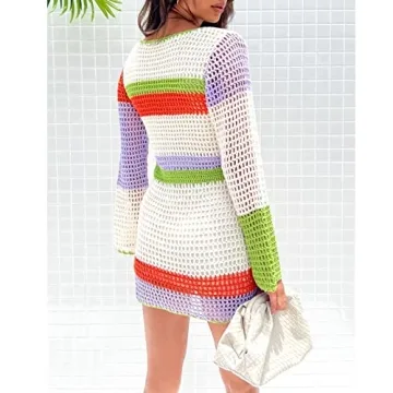 Fabumily Women Crochet Knit Mini Dress Long Sleeve Colorful Mesh Cover Ups Casual Sweater Dress Summer Beach Wear (B- White, XL)