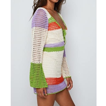Fabumily Women Crochet Knit Mini Dress Long Sleeve Colorful Mesh Cover Ups Casual Sweater Dress Summer Beach Wear (B- White, XL)