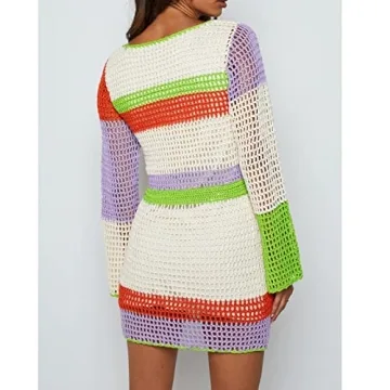 Fabumily Women Crochet Knit Mini Dress Long Sleeve Colorful Mesh Cover Ups Casual Sweater Dress Summer Beach Wear (B- White, XL)