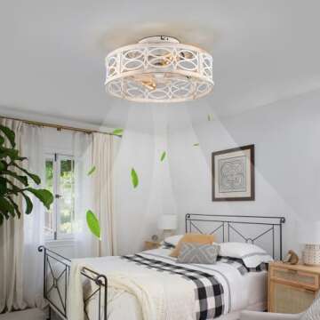 HUEOCZW 20" Caged Ceiling Fan with Light and Remote，bladeless Ceiling Fan 6 Speed Reversible with 4 Bulbs and Remote Control.Low Profile Ceiling Fan with Lights for Bedroom, Dining Room