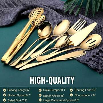 Gold Serving Utensils, OGORI 8-Piece Polished Stainless Steel Flatware Silverware Set Include Serving Spoon, Slotted Spoon, Soup Spoon, Cake Server, Fork, Salad Fork, Butter Knife, Serving Tong