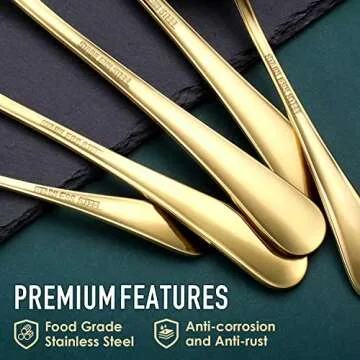 Gold Serving Utensils, OGORI 8-Piece Polished Stainless Steel Flatware Silverware Set Include Serving Spoon, Slotted Spoon, Soup Spoon, Cake Server, Fork, Salad Fork, Butter Knife, Serving Tong