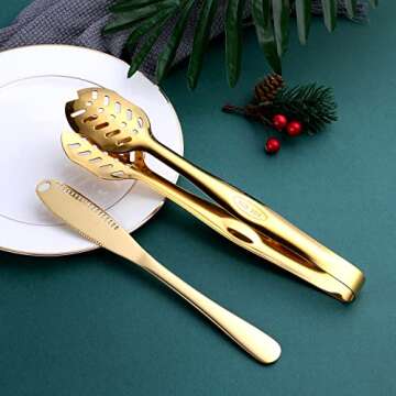 Gold Serving Utensils, OGORI 8-Piece Polished Stainless Steel Flatware Silverware Set Include Serving Spoon, Slotted Spoon, Soup Spoon, Cake Server, Fork, Salad Fork, Butter Knife, Serving Tong