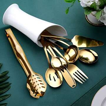Gold Serving Utensils, OGORI 8-Piece Polished Stainless Steel Flatware Silverware Set Include Serving Spoon, Slotted Spoon, Soup Spoon, Cake Server, Fork, Salad Fork, Butter Knife, Serving Tong