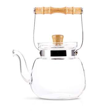 Yama Chinese Water Kettle 40 Oz, Borosilicate Glass Teapot with Bamboo Handle and Stainless Steel Heating Grid - Yama Glass, Hand Crafted in Taiwan
