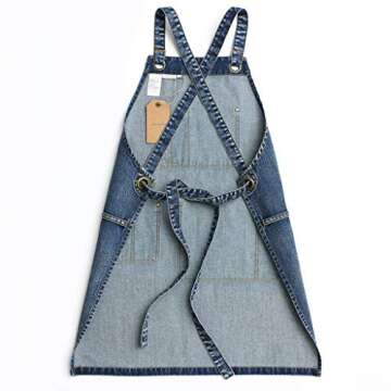 Jeanerlor Denim Hair Stylist Apron With Pockets for Women, Acid Washed Jean Work Tool Aprons Cross B...
