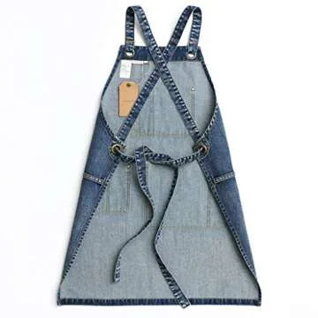 Jeanerlor Denim Hair Stylist Apron With Pockets for Women, Acid Washed Jean Work Tool Aprons Cross B...