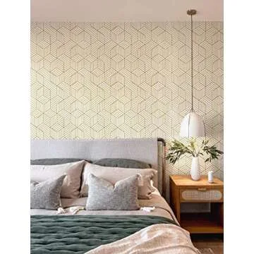 Gold and White Peel and Stick Wallpaper Geometric Hexagon Wall Paper Removable Self Adhesive Wallpaper Gold Striped Contact Paper for Cabinets Shelf Drawer Liner Vinyl Waterproof 17.7"x78.7" Upgrade