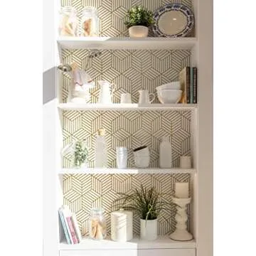Gold and White Peel and Stick Wallpaper Geometric Hexagon Wall Paper Removable Self Adhesive Wallpaper Gold Striped Contact Paper for Cabinets Shelf Drawer Liner Vinyl Waterproof 17.7"x78.7" Upgrade