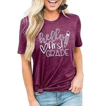 Hello First Grade Teacher Shirt Women Teaching Pre K Grade Tshirt Funny Fall Teachers Life Gift Tee Tops Purple