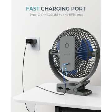xasla 10000mAh Portable Rechargeable Clip on Fan, 8 inch Battery Operated Fan, 24 Hours Work Time, 4 Speeds Personal Fan, Ideal for Outdoor Camping Golf Cart Home Office Blue