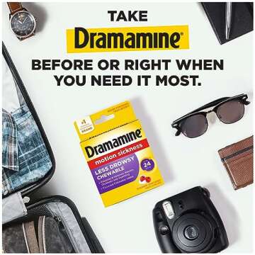 Dramamine Chewable Less Drowsy, Motion Sickness Relief, Raspberry Cream Flavor, 12 Count, 2 Pack