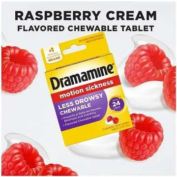 Dramamine Chewable Less Drowsy, Motion Sickness Relief, Raspberry Cream Flavor, 12 Count, 2 Pack
