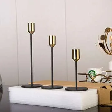 Denique Candlestick Holders 2 Sets, 6 PCS Brass Gold Black Taper Candle Holders, Candlestick Holders Set for Table Centerpiece Vintage Modern Candle Holders for Home Wedding Decoration (2X(S+M+L))