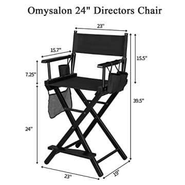 OmySalon Upgraded 24" Height Tall Director Chair Folding Artist Makeup with Replacement Cover Canvas, Storage Side Bags, Portable Footrest, Support 250 lbs,Solid Hardwood & Polyester Black…