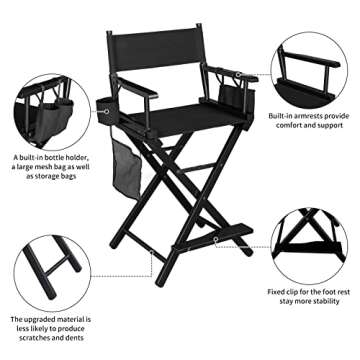 OmySalon Upgraded 24" Height Tall Director Chair Folding Artist Makeup with Replacement Cover Canvas, Storage Side Bags, Portable Footrest, Support 250 lbs,Solid Hardwood & Polyester Black…