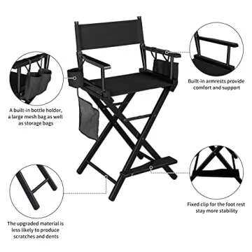 OmySalon Upgraded 24" Height Tall Director Chair Folding Artist Makeup with Replacement Cover Canvas, Storage Side Bags, Portable Footrest, Support 250 lbs,Solid Hardwood & Polyester Black…