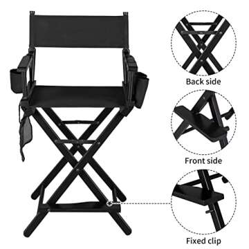 OmySalon Upgraded 24" Height Tall Director Chair Folding Artist Makeup with Replacement Cover Canvas, Storage Side Bags, Portable Footrest, Support 250 lbs,Solid Hardwood & Polyester Black…