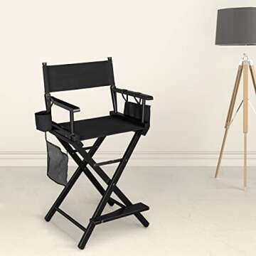 OmySalon Upgraded 24" Height Tall Director Chair Folding Artist Makeup with Replacement Cover Canvas, Storage Side Bags, Portable Footrest, Support 250 lbs,Solid Hardwood & Polyester Black…