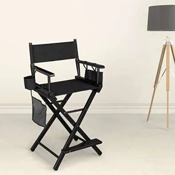 OmySalon Upgraded 24" Height Tall Director Chair Folding Artist Makeup with Replacement Cover Canvas, Storage Side Bags, Portable Footrest, Support 250 lbs,Solid Hardwood & Polyester Black…