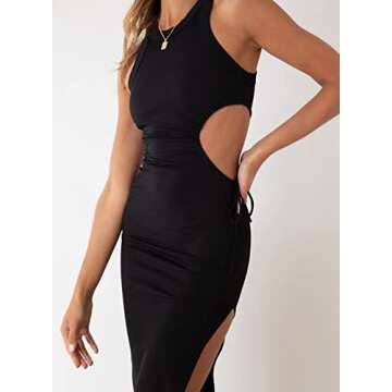 Acelitt Womens 2023 Summer Sleeveless Ribbed Knit Dress Sexy Side Split Bodycon Club Party Midi Dresses Black Small