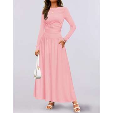 ZESICA Women's Long Sleeve Spring Maxi Dress 2025 Crewneck Knit Casual Slim Swing Pleated Dresses with Pockets,Pink,X-Large