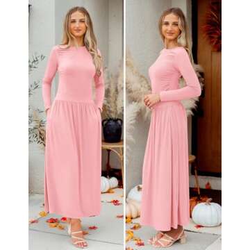 ZESICA Women's Long Sleeve Spring Maxi Dress 2025 Crewneck Knit Casual Slim Swing Pleated Dresses with Pockets,Pink,X-Large