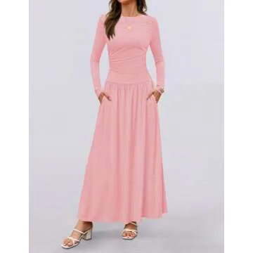 ZESICA Women's Long Sleeve Spring Maxi Dress 2025 Crewneck Knit Casual Slim Swing Pleated Dresses with Pockets,Pink,X-Large